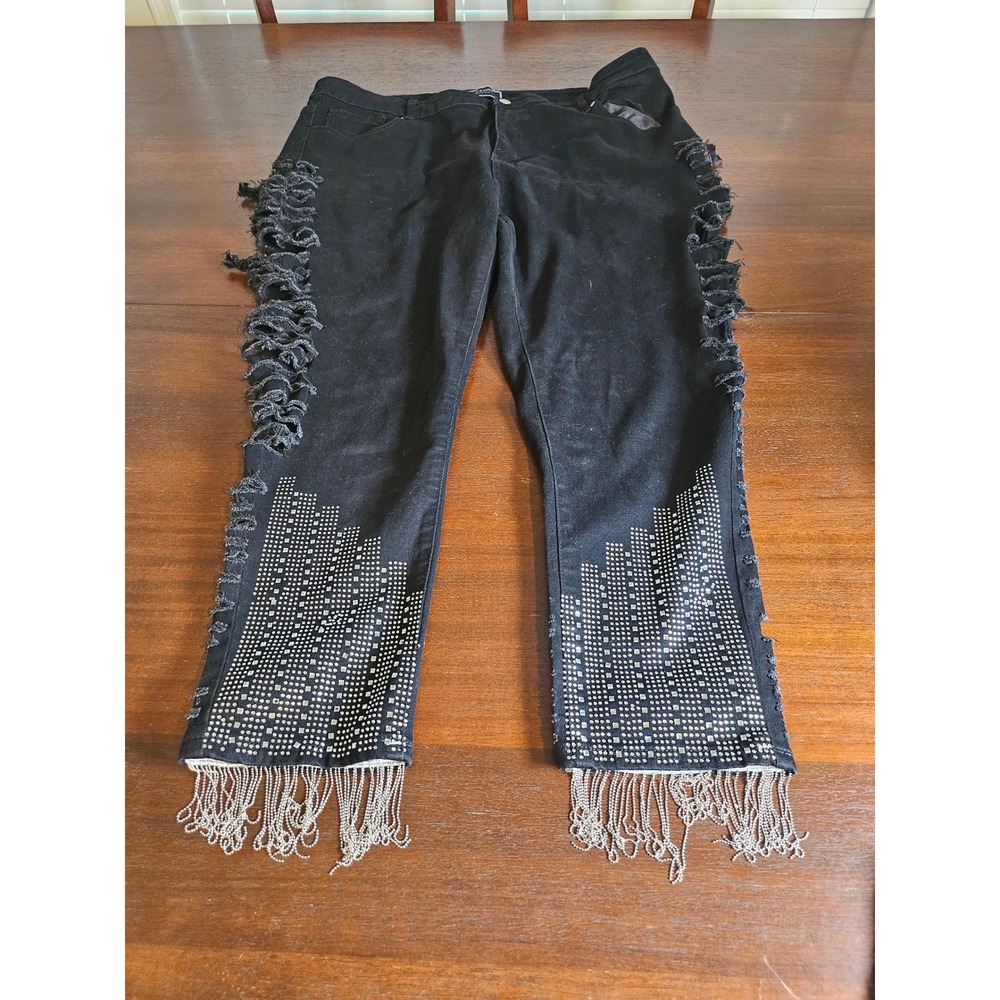 Liv & Lucy Jeans Womens 22 Black Distressed Rhinestone Chain Fringe Denim